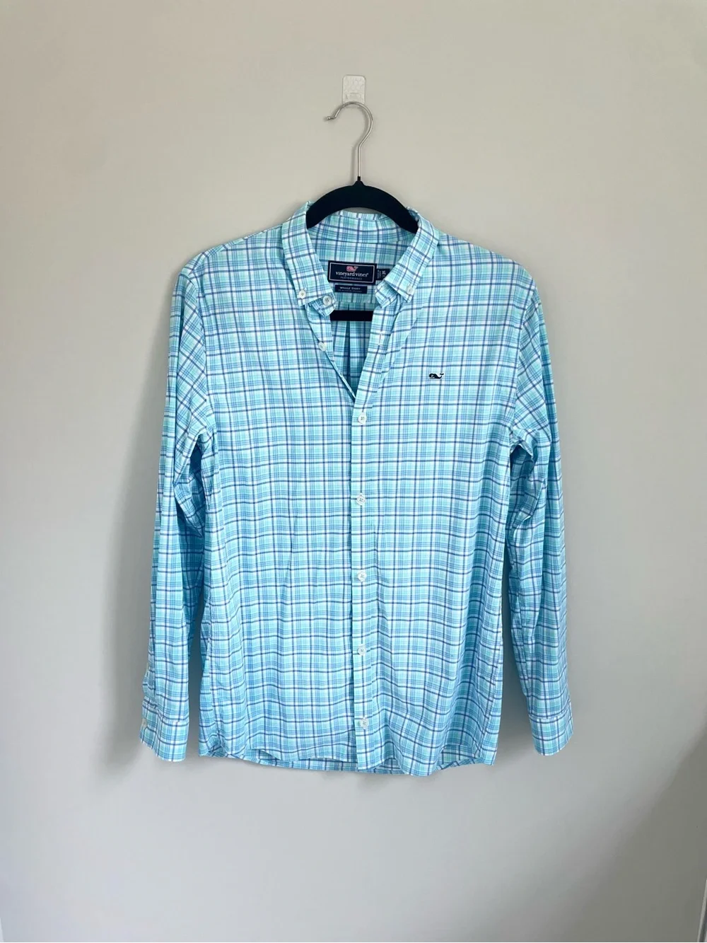 Boys XL Vineyard Vines Performance Fabric Blue Plaid Button-Down Shirt